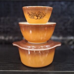Pyrex Old Orchard 474 , 401, 402, Nesting Bowls And Casserole , Retro Kitchen